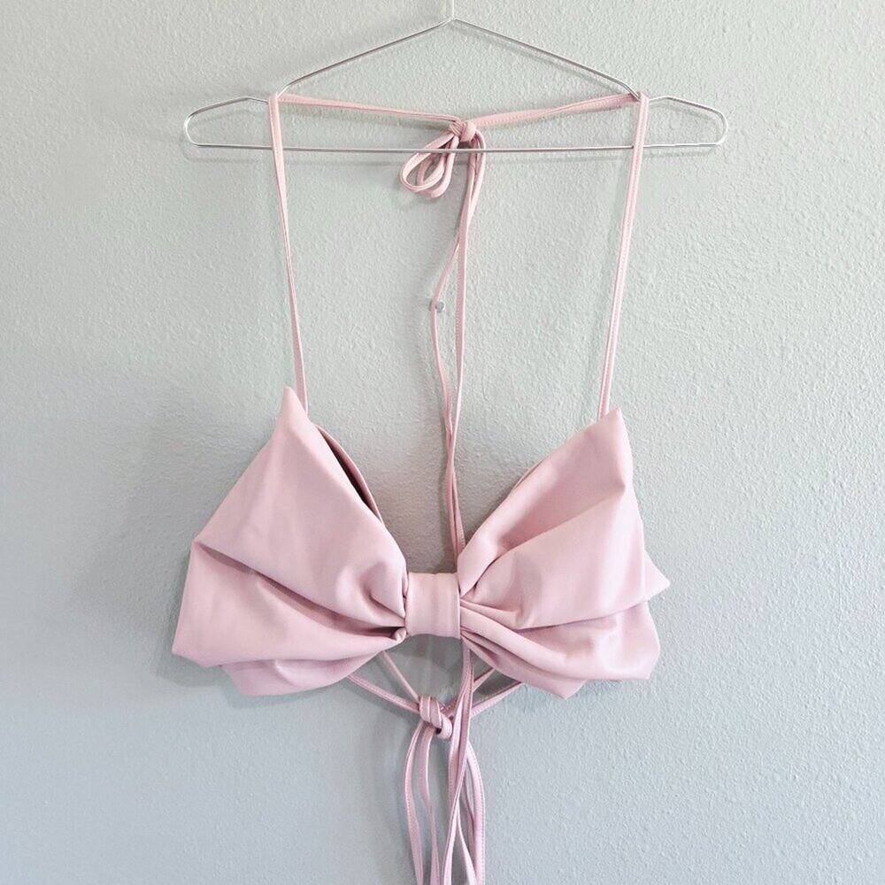 LIKA Pink Eco Faux Leather Bordeaux Bow Halter Crop Top L